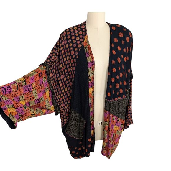 Vintage Kimono Top M Black Pink Cardigan Patchwork Color Artsy Eclectic 90s - Picture 4 of 14